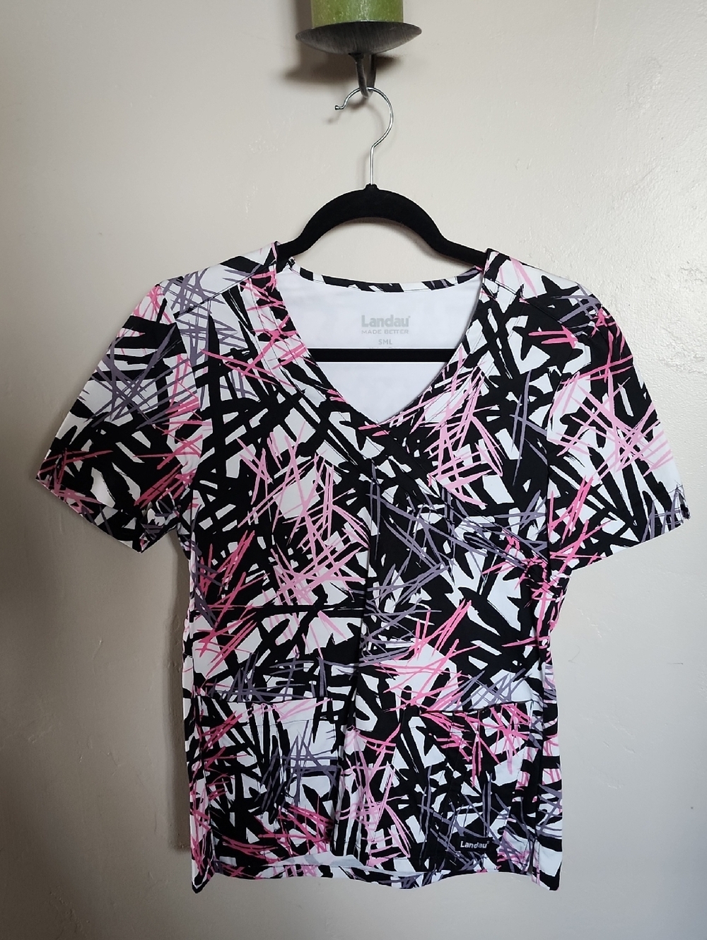 Landau Women's V-Neck Scrub Top in Black, White & Pink Abstract